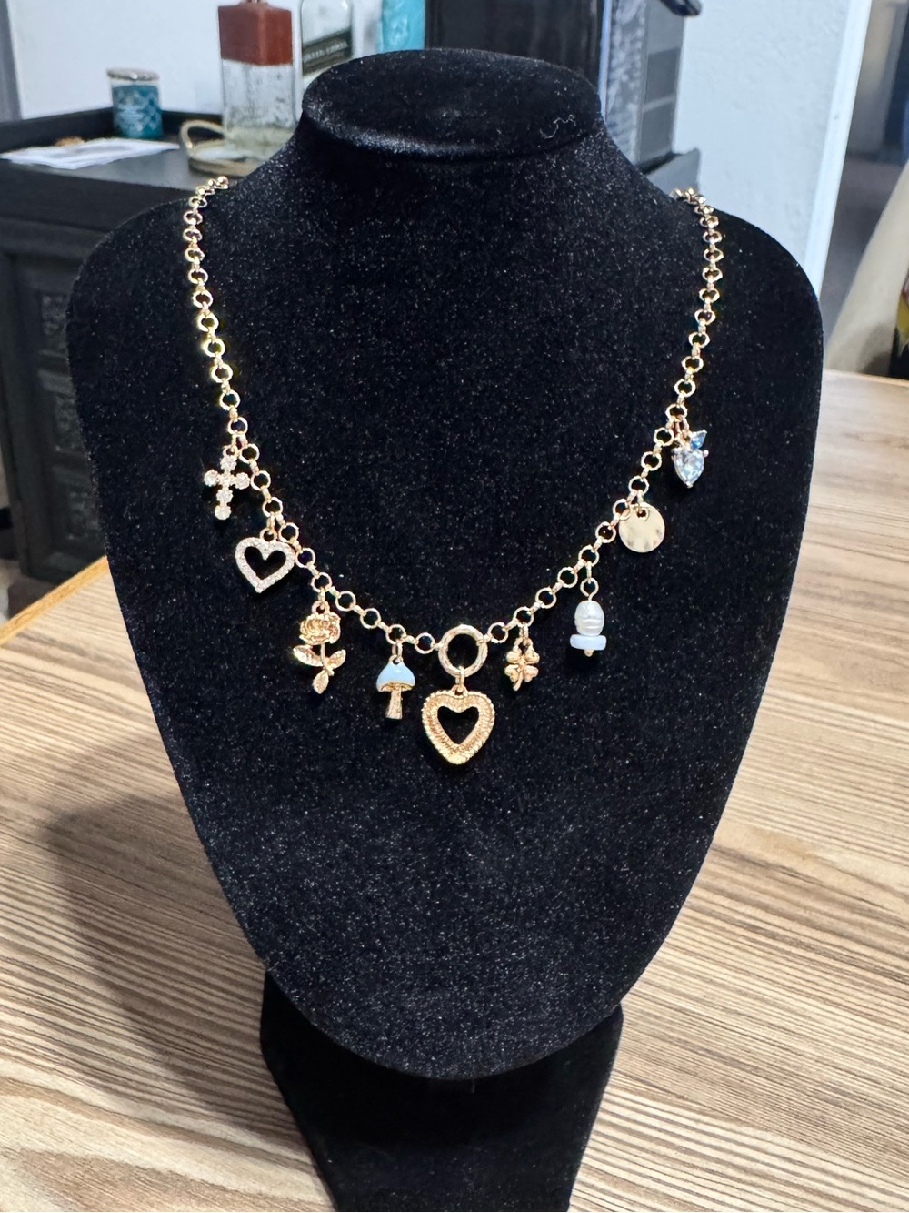 Gold Heart Charm Necklace with Mixed Motifs - Women Jewelry